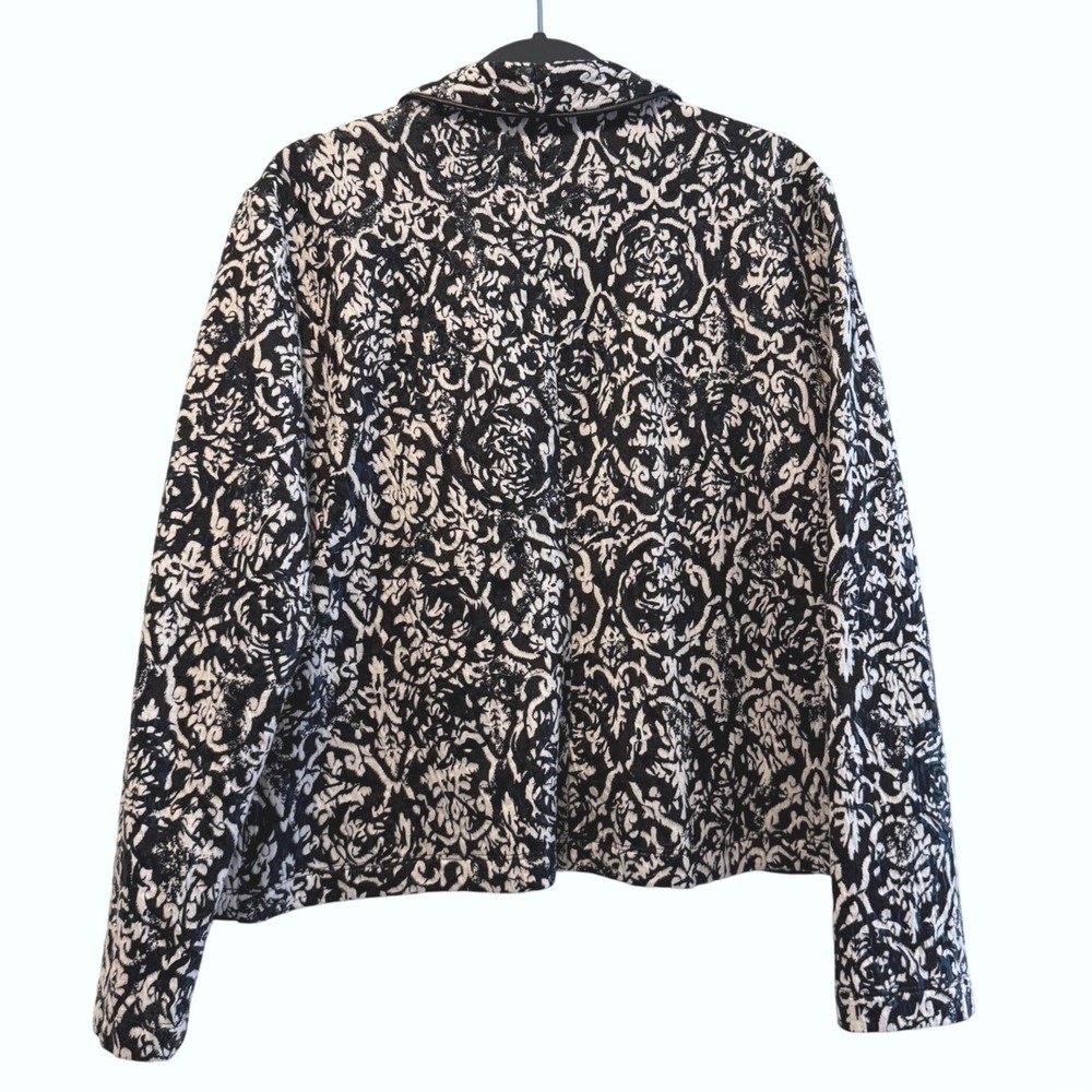 Libra Black White Damask Floral Print Open Front Collarless Blazer Jacket Women - Picture 5 of 8